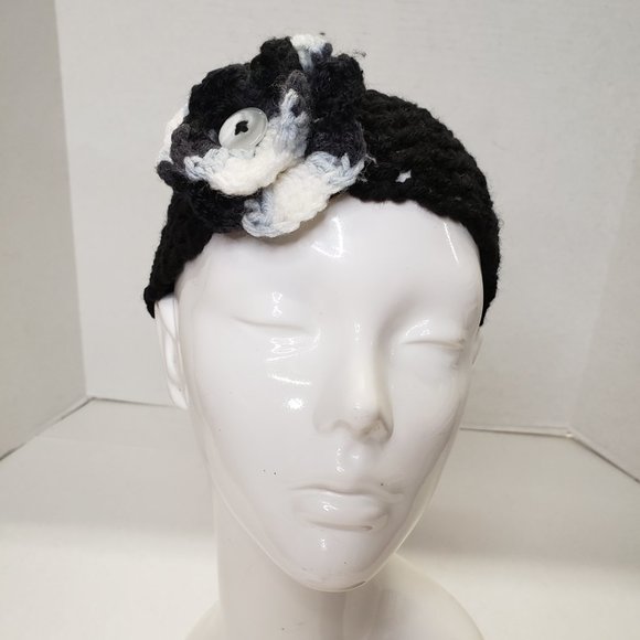Woman's Handmade Crochet 2 Scrunchies and Flower Headband Black | New - Picture 2 of 11
